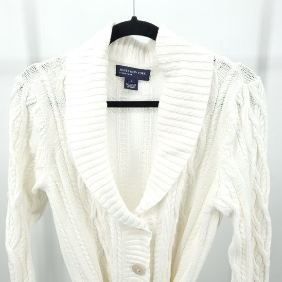 Jones New York Cotton-Blend Belted Long Line Cable Knit Sweater L White/Cream - Picture 4 of 16